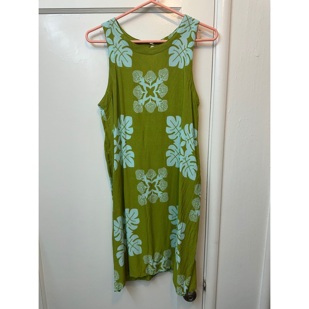 Hamakua Womens Small Green Blue Tropical Leaf Rayon Sleeveless Shift Dress‎